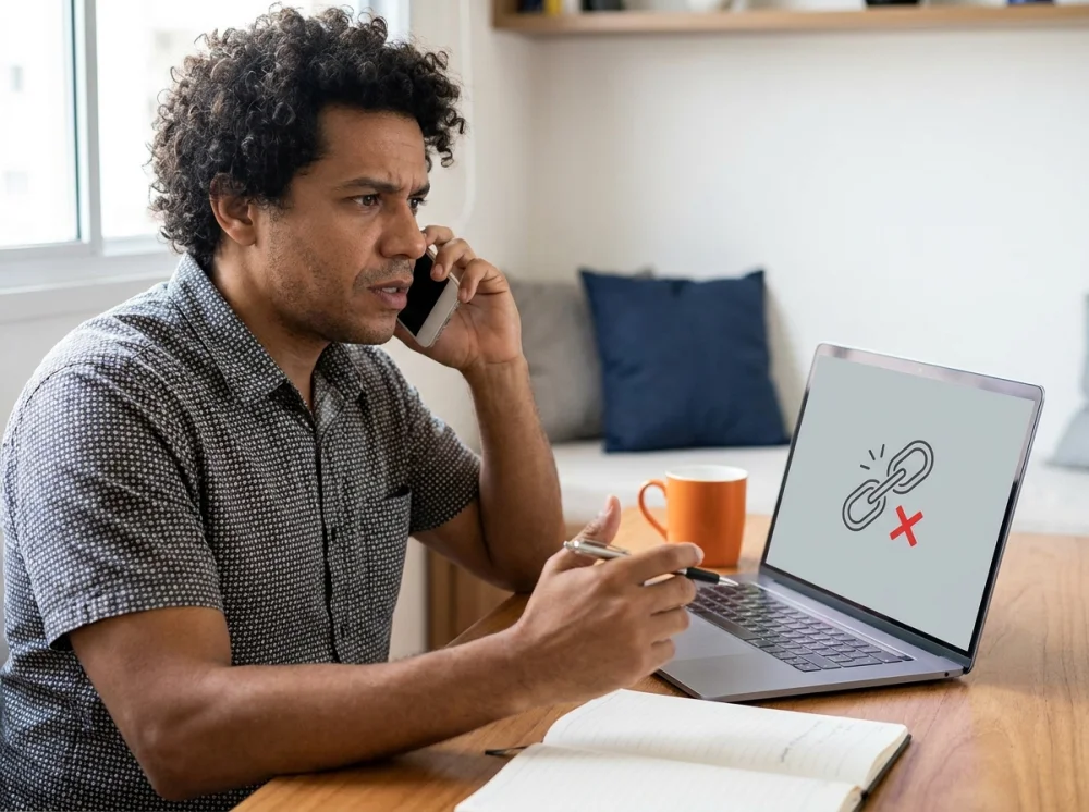 Empreendedor ao telefone tentando recuperar o acesso ao site da empresa