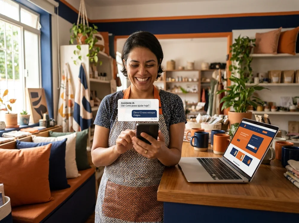 Smartphone mostrando um assistente de inteligência artificial ao lado de um notebook com o site de uma empresa