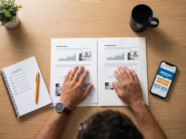 Pessoa comparando propostas de agências de criação de sites com checklist