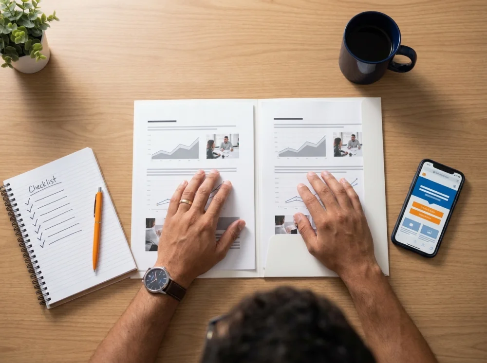 Pessoa comparando propostas de agências de criação de sites com checklist