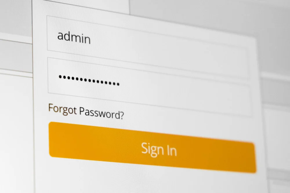 Interface de login de e-mail profissional com campos para usuário admin e senha, exemplificando a troca de senha via webmail.