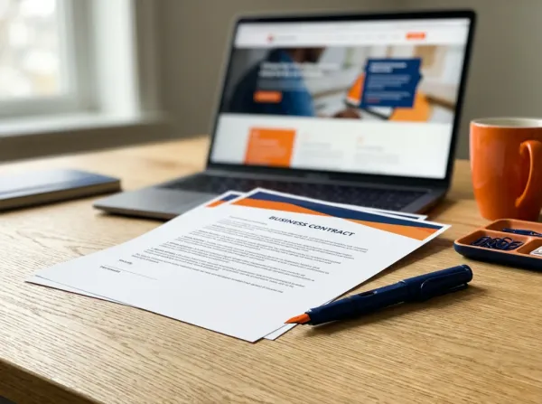 Contrato de criação de site sobre a mesa ao lado de um notebook