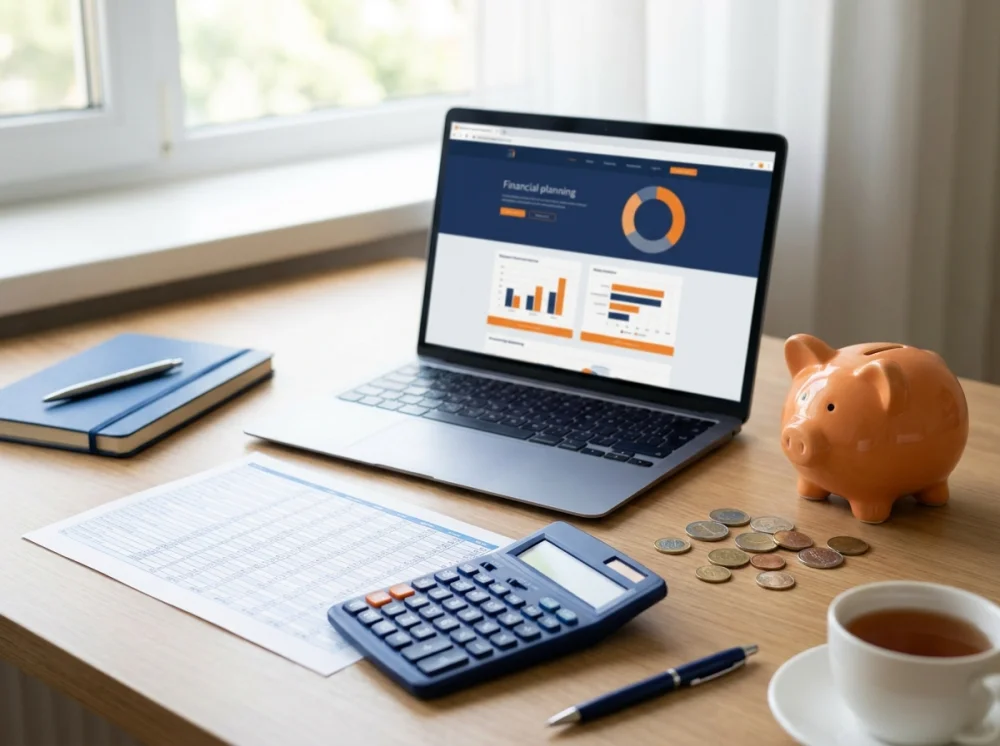 Calculadora e planilha de custos anuais de um site ao lado de um notebook