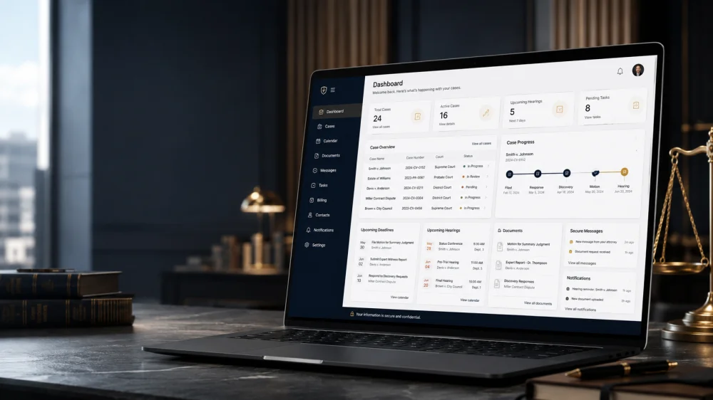 Tela de portal do cliente para escritório de advocacia com painel de acompanhamento de processos jurídicos