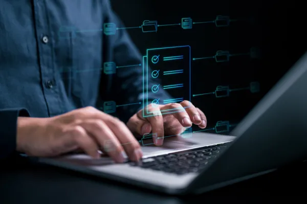 Dashboard corporativo moderno exibindo métricas de crescimento e integração de um sistema web sob medida.