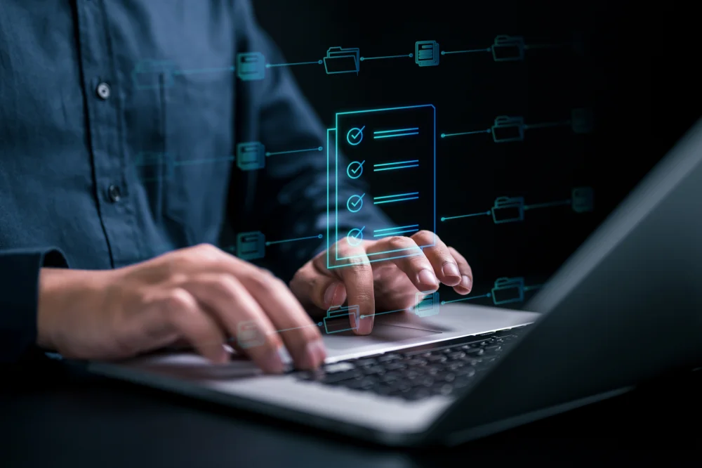 Dashboard corporativo moderno exibindo métricas de crescimento e integração de um sistema web sob medida.