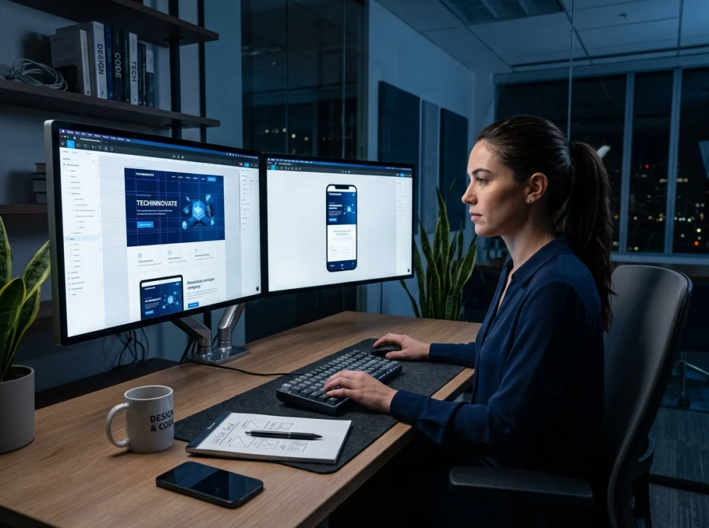 Profissional web designer alinhando o layout responsivo de um site em monitor premium no escritório, focando em criação de sites e performance.