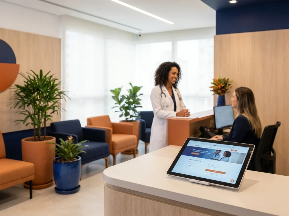 Recepção de clínica médica moderna com tablet exibindo o site de agendamento