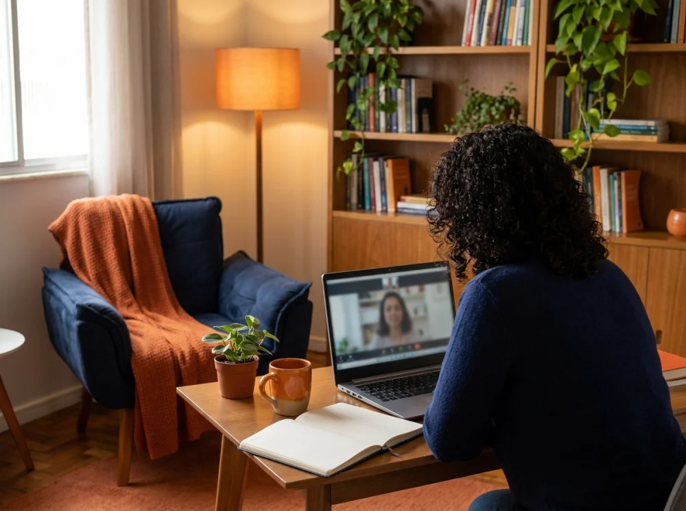 Psicóloga em atendimento online pelo notebook em consultório acolhedor