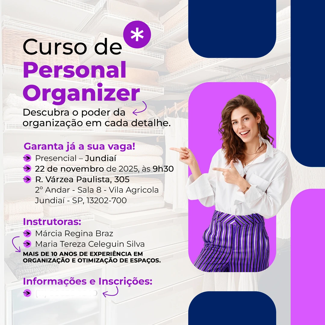Arte para mídias sociais do Curso de Personal Organizer da Márcia Regina — post com paleta roxo e azul-marinho, foto da instrutora e hierarquia visual clara, criado pela Fox Creative