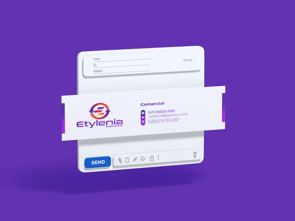 Arte de assinatura de e-mail da Etylenia com design moderno em roxo e ícones de contato organizados.