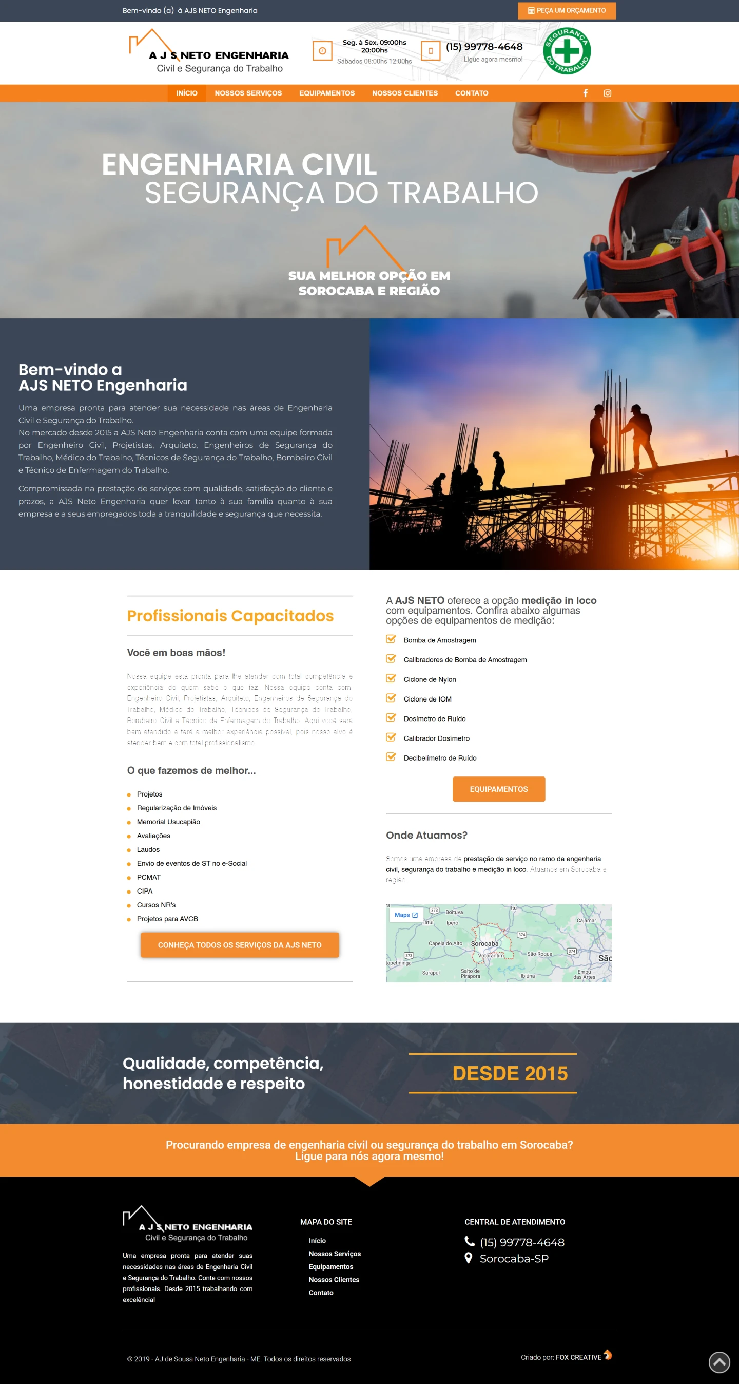Layout do site responsivo da AJS Neto Engenharia Civil mostrando profissionais e obras.