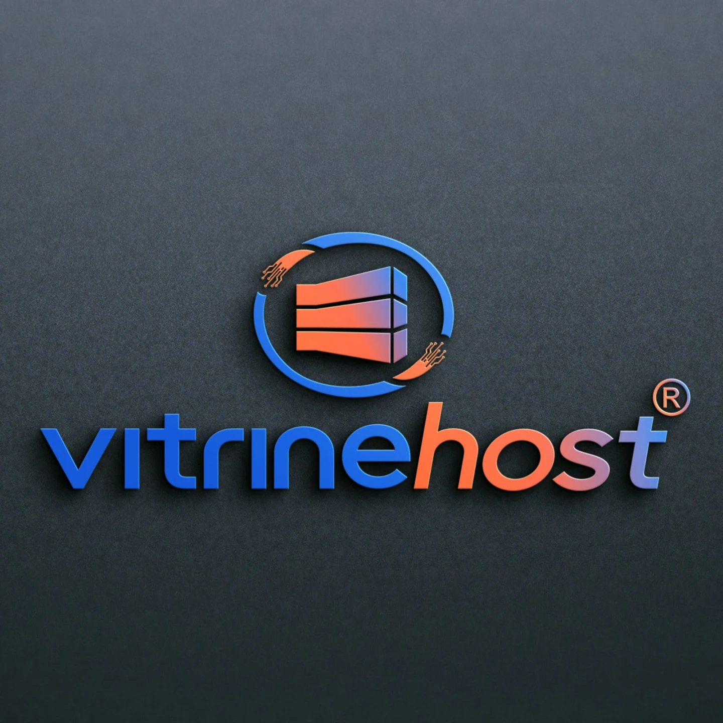Logotipo da empresa Vitrinehost com ícone circular tridimensional azul e laranja sobre fundo cinza texturizado.