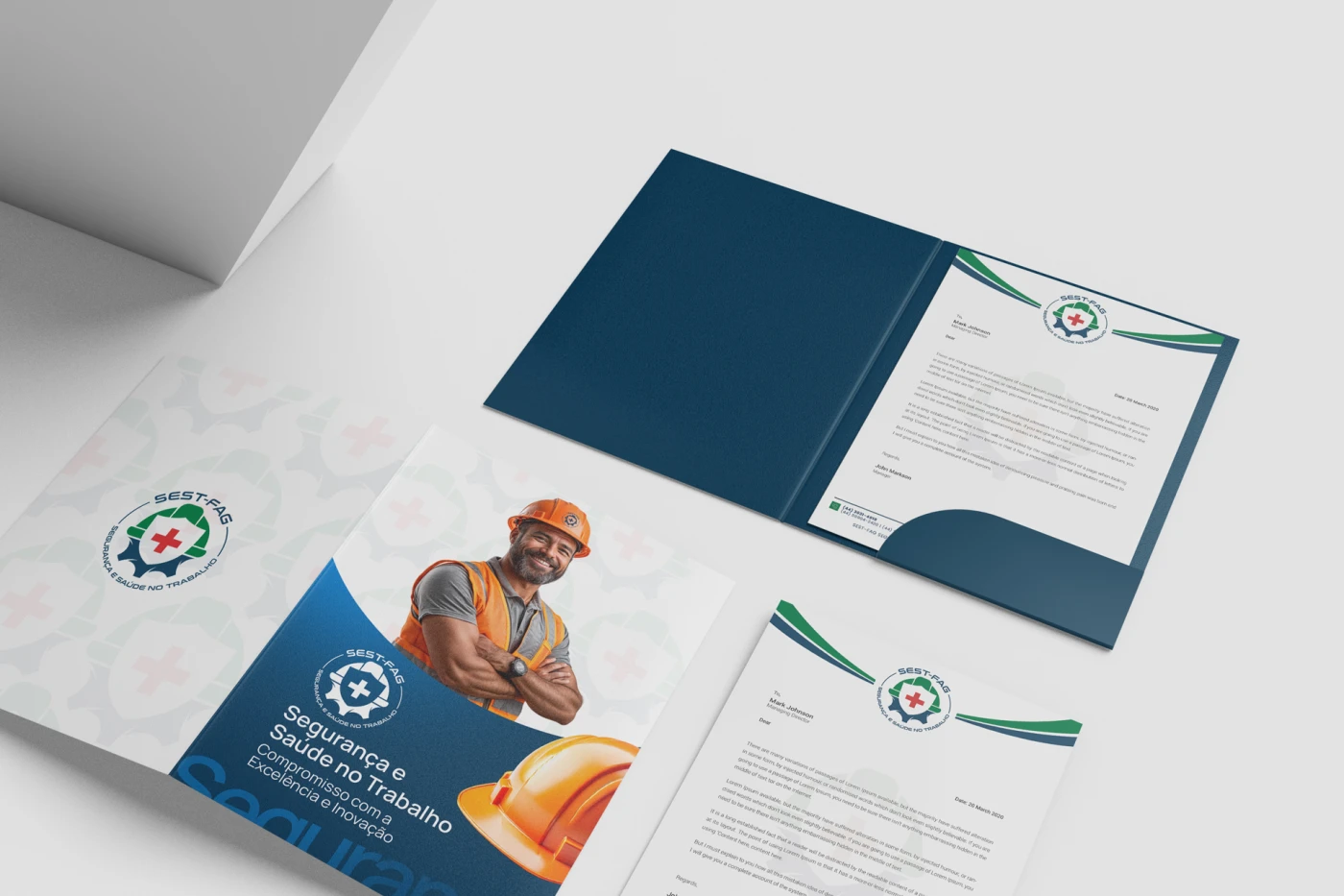 Mockup de design de pasta corporativa e papelaria para a empresa de segurança do trabalho SEST-FAG, com foco em padronização visual e credibilidade.