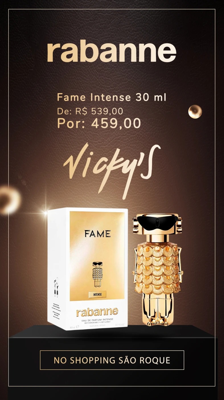Design de Story para Instagram do perfume Rabanne Fame Intense com fundo de couro e detalhes em dourado para Vicky's.