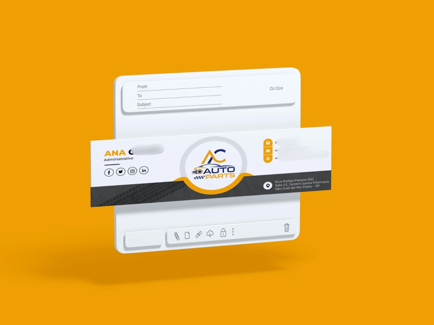 Mockup 3D flutuante exibindo design de assinatura de e-mail institucional branca e dourada da AC Auto Parts sobre fundo amarelo — Criação de assinatura de e-mail corporativa.