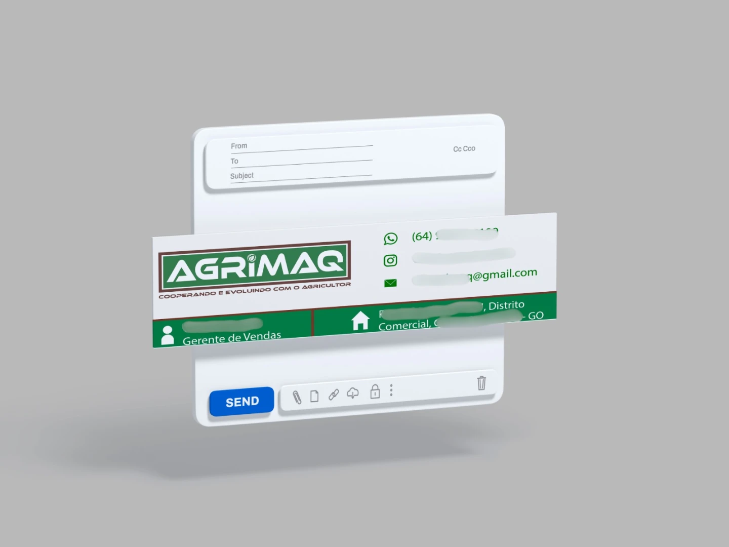 Maquete 3D exibindo layout de assinatura de e-mail profissional para empresa do agronegócio Agrimaq com informações de contato.