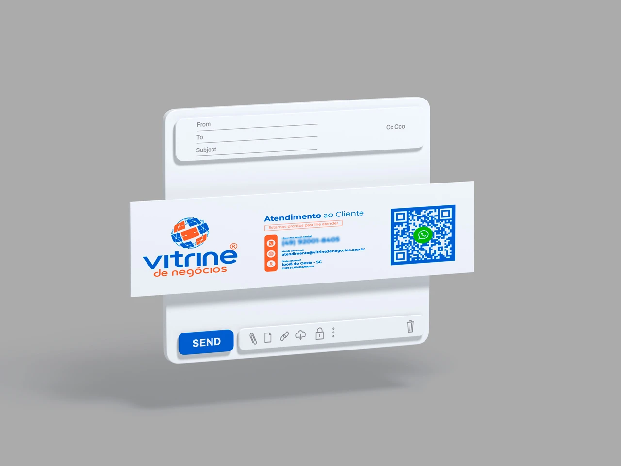 Assinatura de e-mail corporativa Vitrine de Negócios com QR Code para WhatsApp e logo azul e laranja.