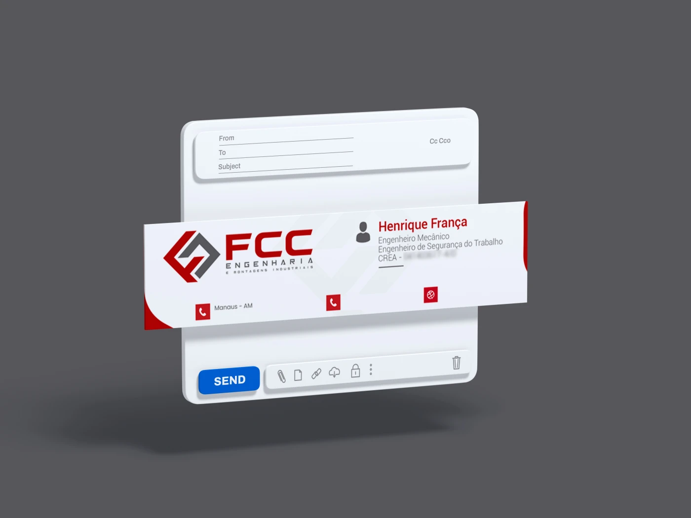 Mockup de assinatura de e-mail profissional para FCC Engenharia com logotipo e informações de contato.