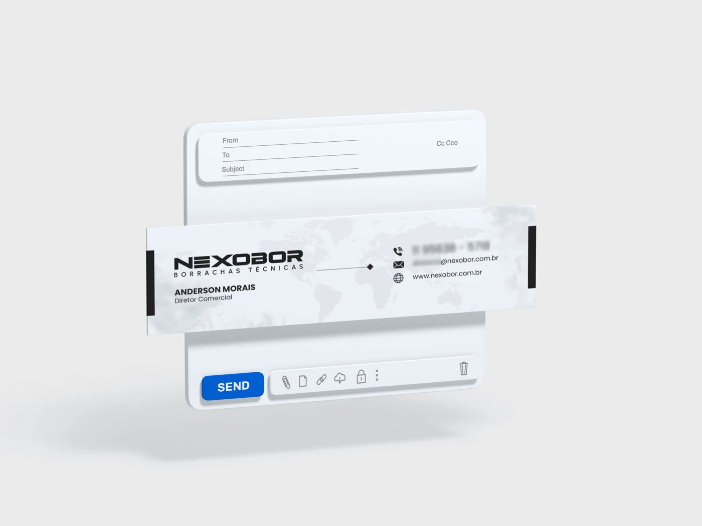 Design de assinatura de e-mail profissional para indústria Nexobor com logotipo e contatos.