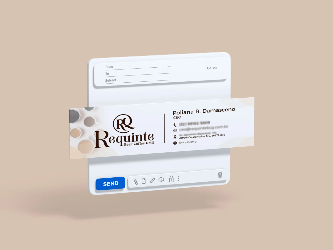 Assinatura de e-mail profissional da Requinte Beer Coffee Grill com logo, nome da CEO e contatos.