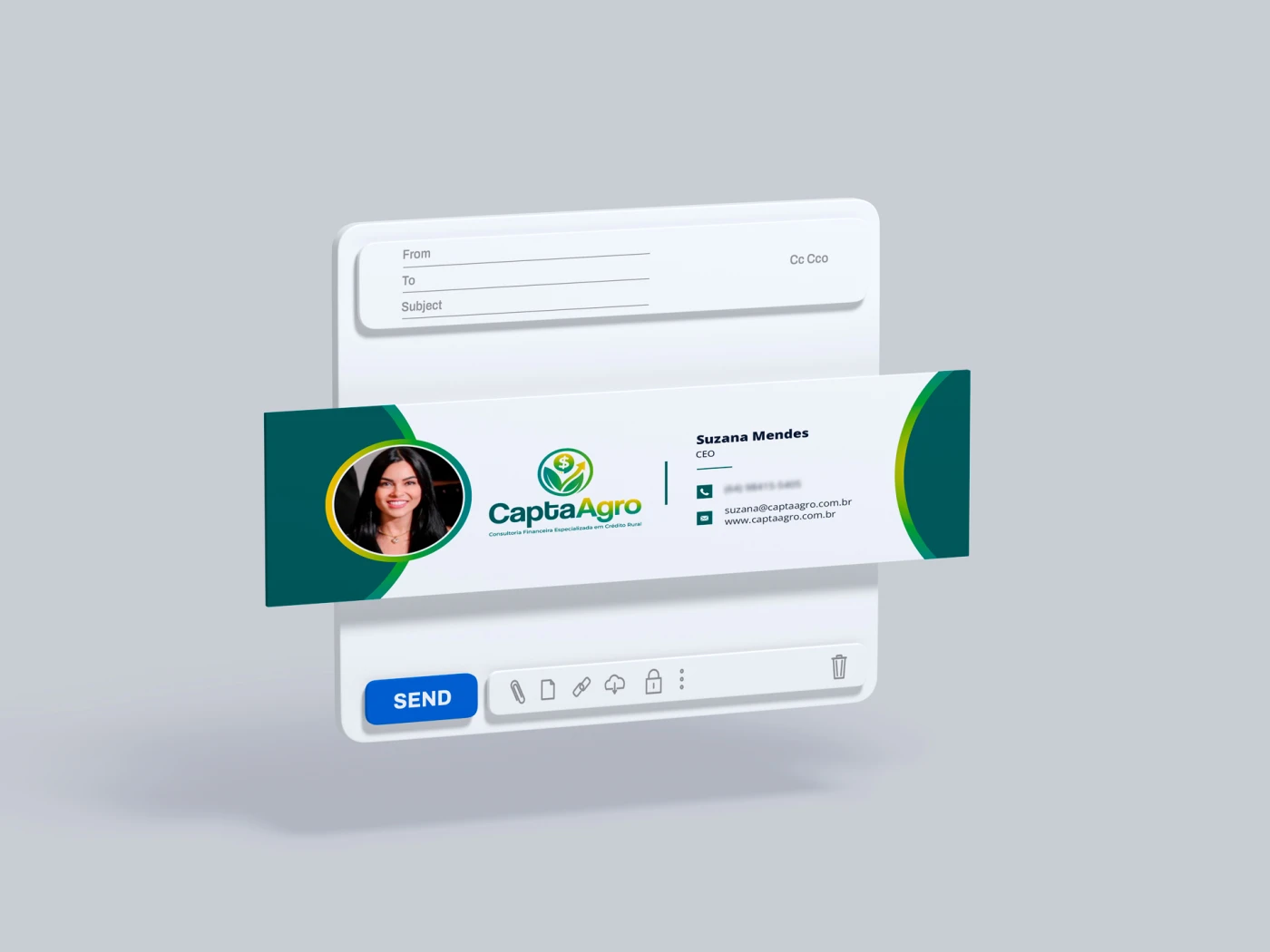 Assinatura de e-mail profissional da Capta Agro com foto da CEO Suzana Mendes e informações de contato.