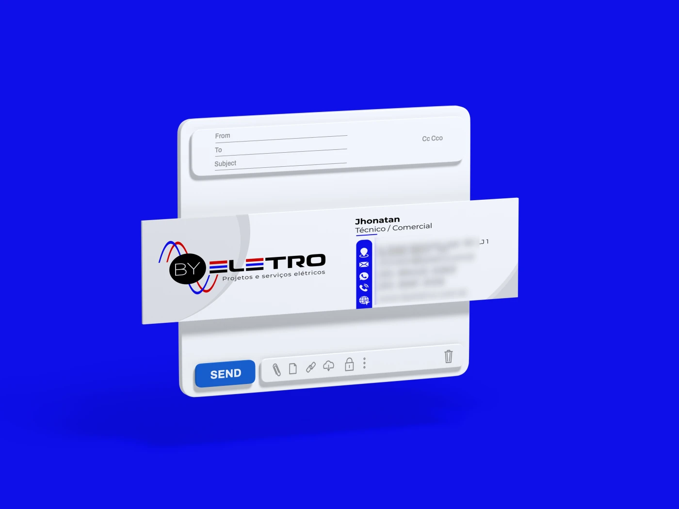 Mockup de assinatura de e-mail profissional para a empresa By Eletro com logotipo e informações de contato.