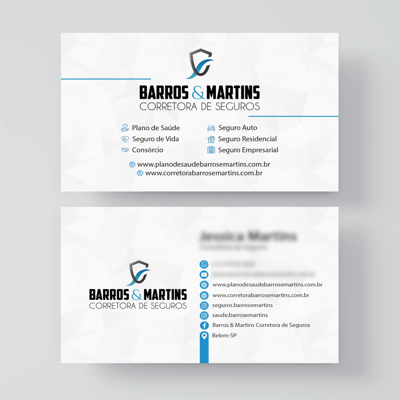 Aplicação do logotipo Barros e Martins Corretora de Seguros em parede de escritório moderno, base para design de assinatura de e-mail.