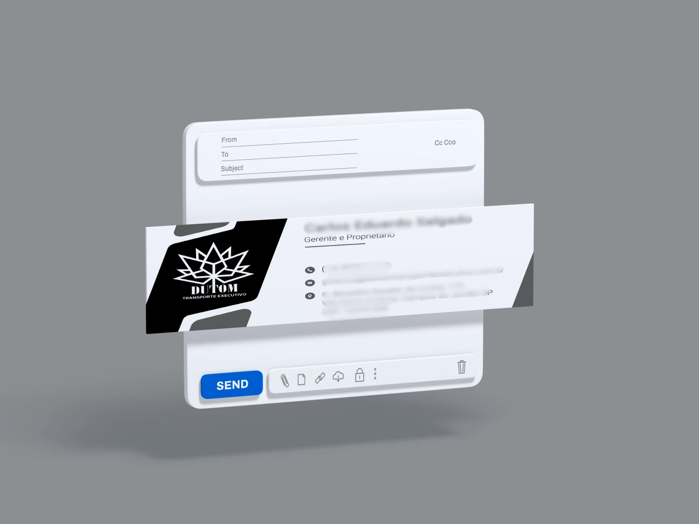 Assinatura de e-mail profissional da Dutom Transporte Executivo em um mockup de interface de e-mail.