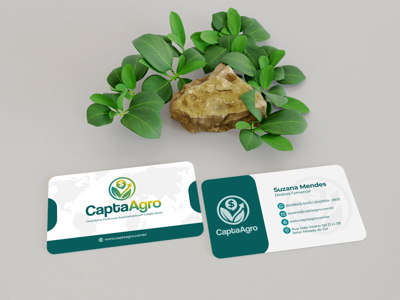 Mockup de cartões de visitas profissionais para a Capta Agro Consultoria exibindo frente e verso com tons de verde.