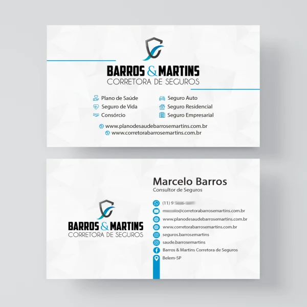 Cartão de visitas frente e verso para corretora de seguros, exibindo design corporativo limpo, serviços oferecidos e contatos profissionais.