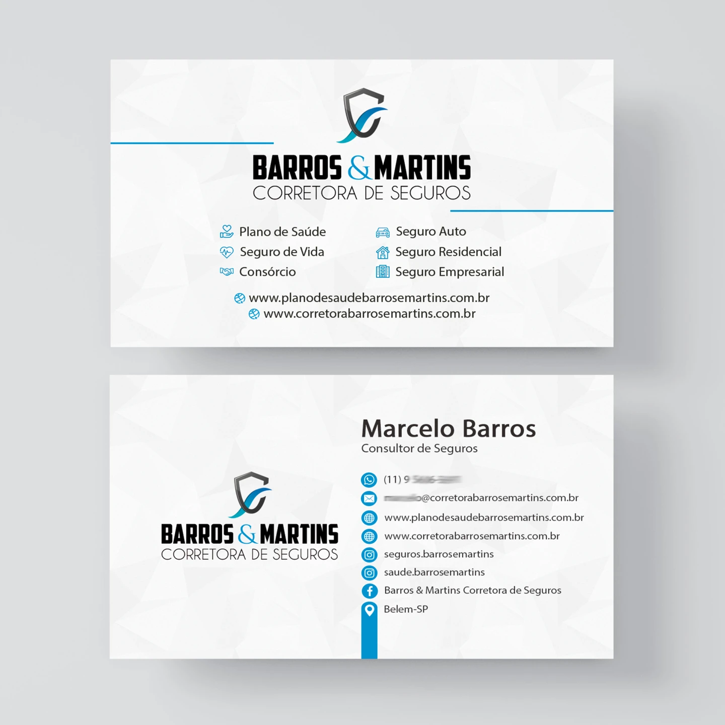 Cartão de visitas frente e verso para corretora de seguros, exibindo design corporativo limpo, serviços oferecidos e contatos profissionais.