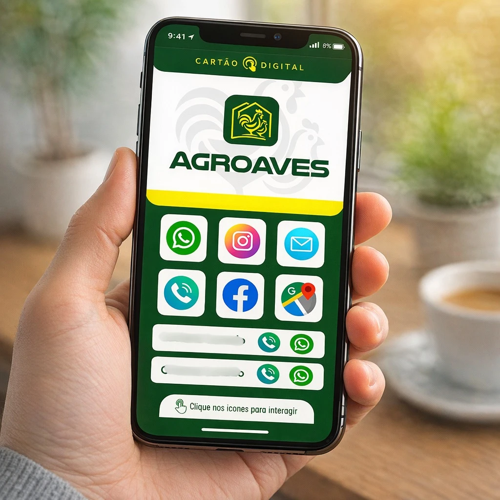 Mão segurando smartphone que exibe o layout do cartão digital interativo da Agroaves, demonstrando botões de redes sociais e contatos com foco em usabilidade.