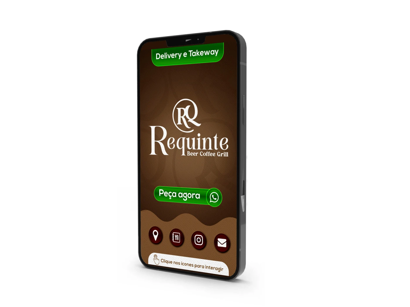 Mockup de smartphone exibindo cartão digital interativo da cafeteria Requinte com botões de pedido e redes sociais.