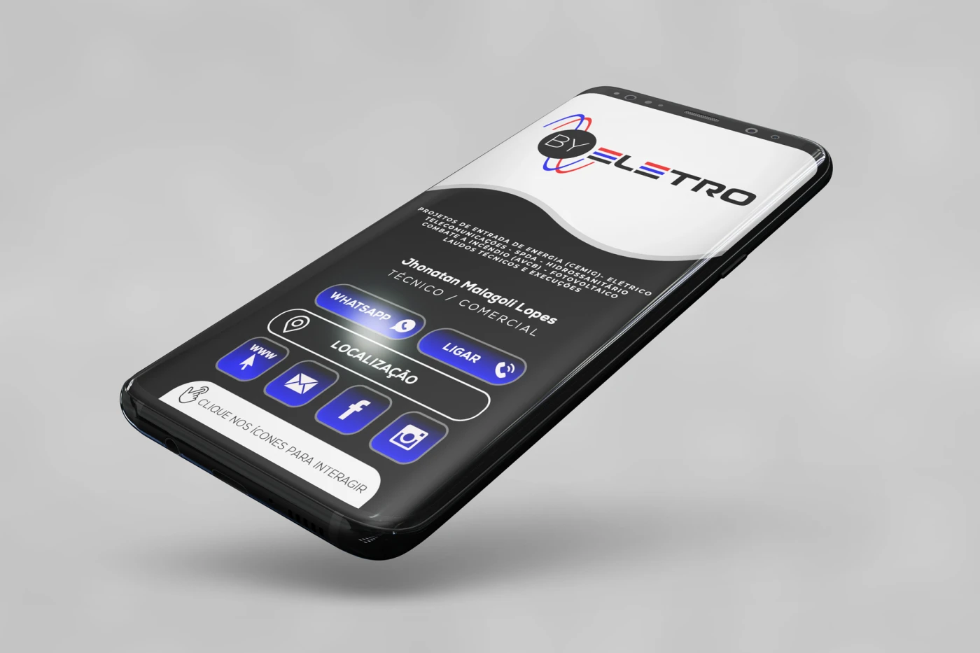Smartphone exibindo a interface do cartão digital interativo da By Eletro com botões de contato e redes sociais.