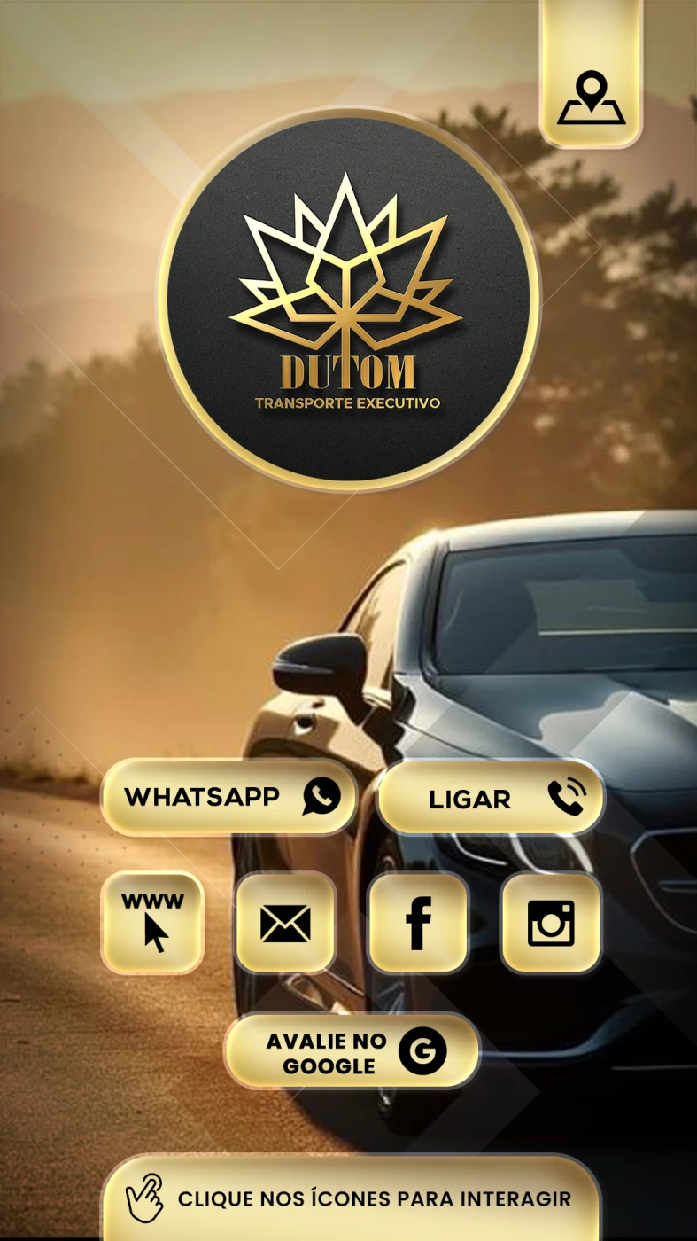 Cartão digital interativo da Dutom Transporte Executivo com botões para WhatsApp e redes sociais sobre fundo de carro de luxo.