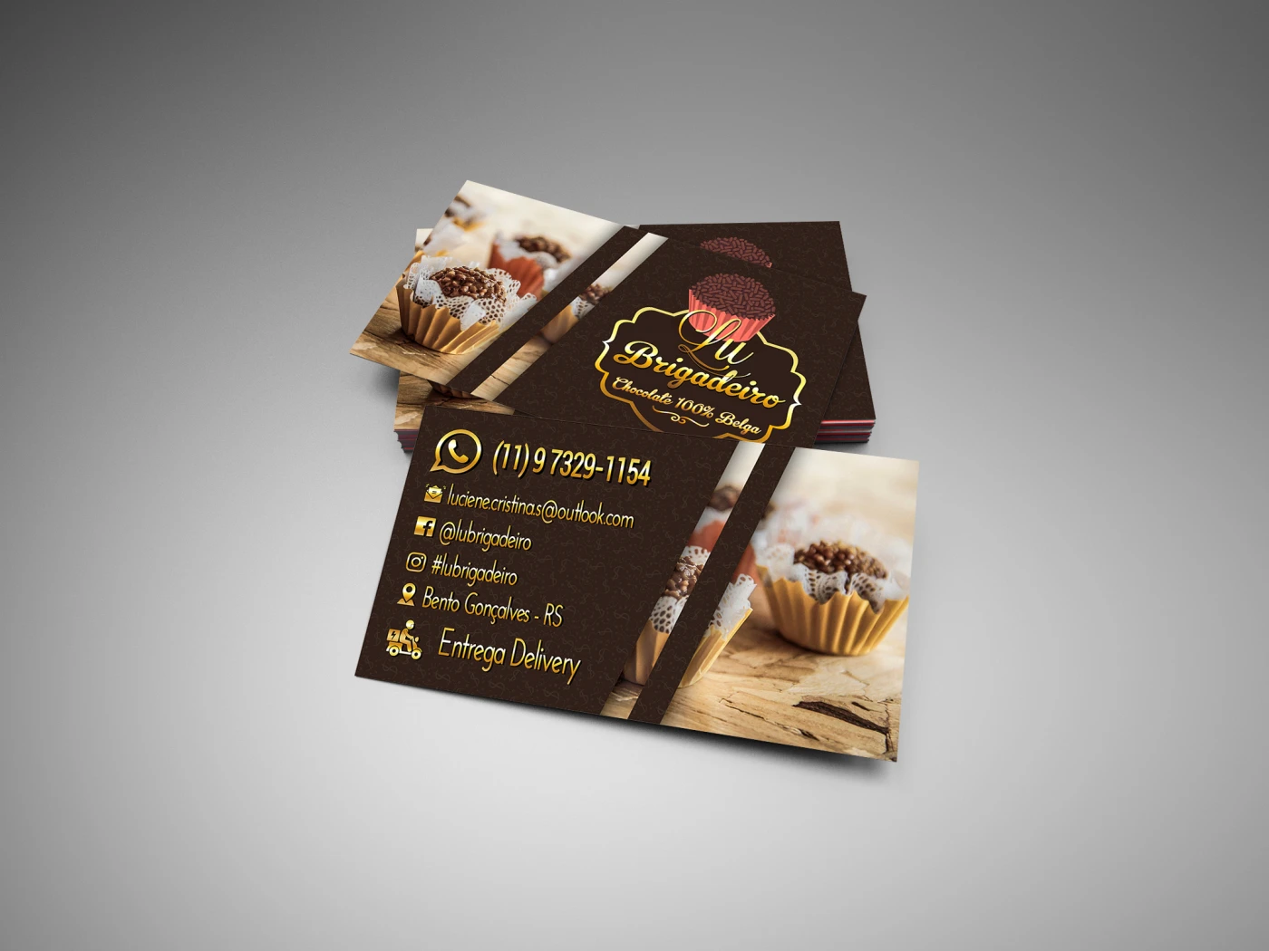 Design de arte para cartão de visitas da marca Lu Brigadeiro com layout profissional e limpo.