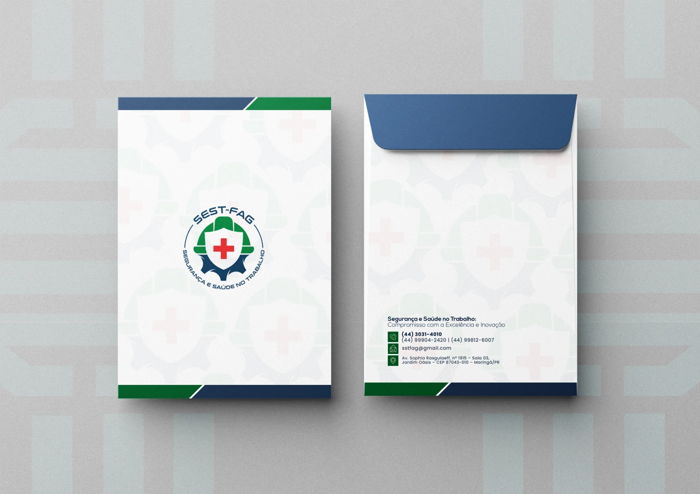 Mockup de design de arte para envelope corporativo da empresa SEST-FAG, focado em segurança do trabalho e padronização visual.