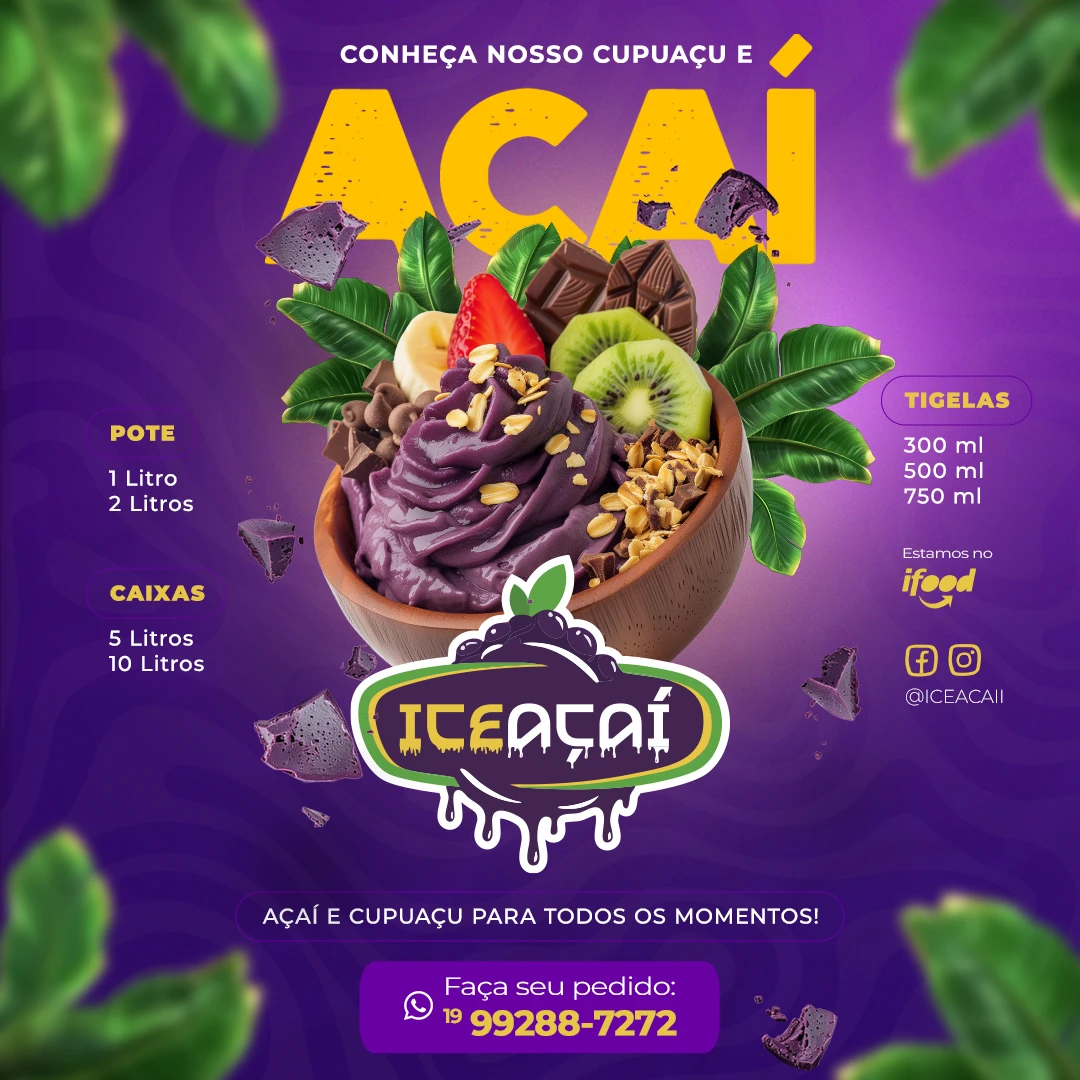 Artes estratégicas para mídias sociais da Ice Açaí com design vibrante e foco no produto.