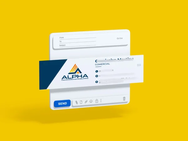 Assinatura de e-mail corporativa e profissional desenvolvida para empresa de financiamentos imobiliários sobre um fundo amarelo.