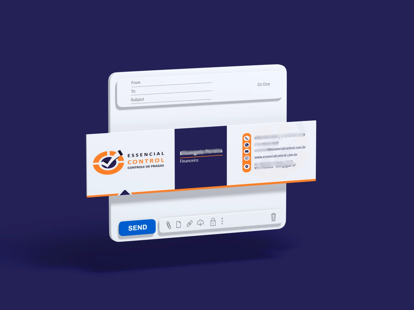 Interface de e-mail mostrando uma assinatura profissional da Essencial Control com logo, dados de contato e ícones sociais.
