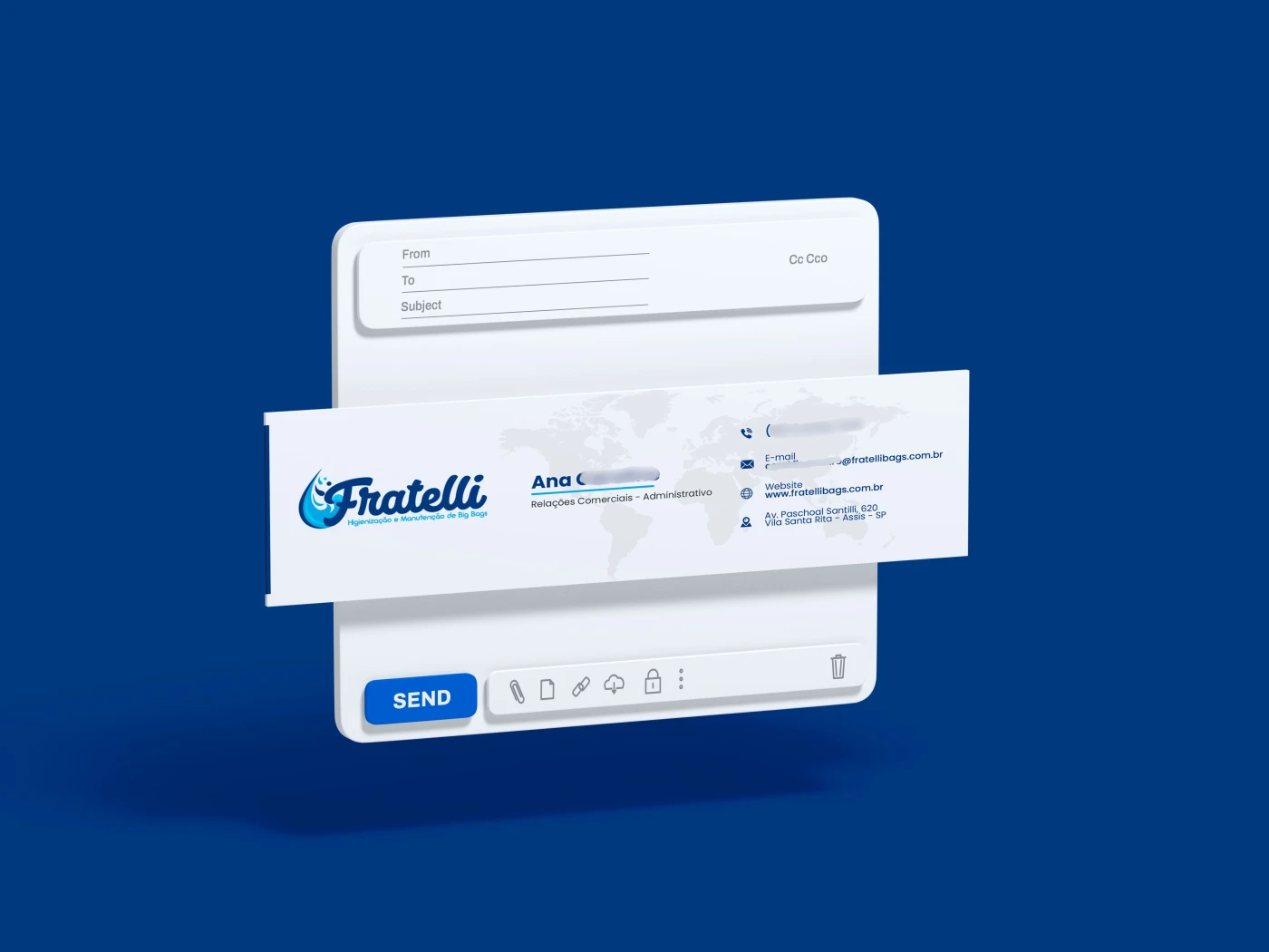 Interface de envio de e-mail exibindo assinatura digital da Fratelli com logotipo e informações de contato em design moderno.