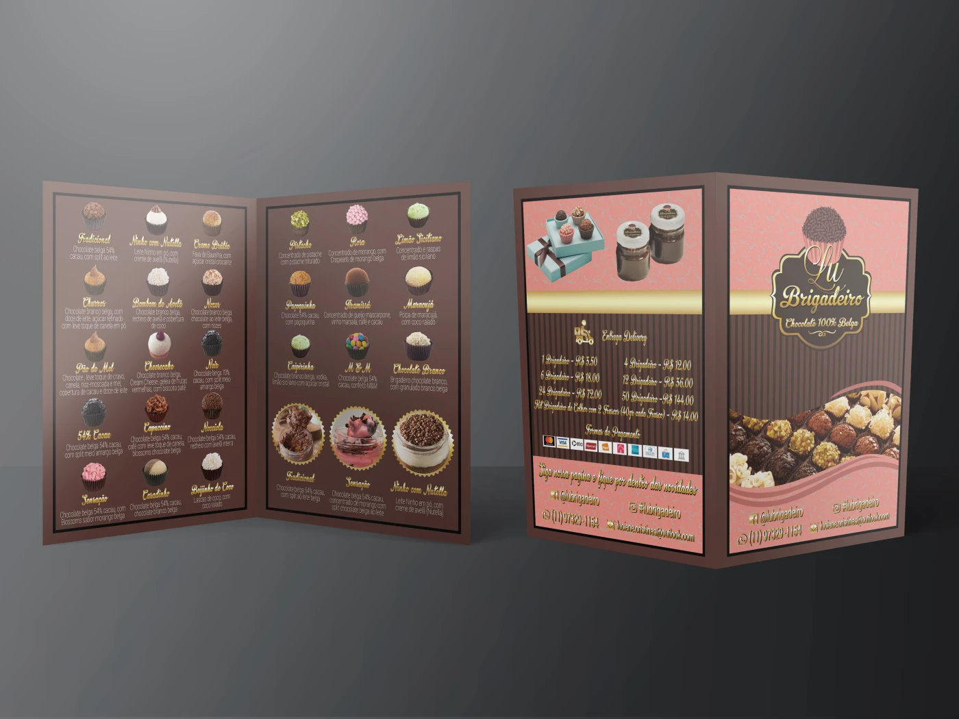 Design de cardápio personalizado para Lu Brigadeiro com layout sofisticado e organizado.