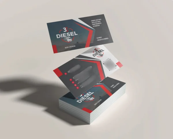 Mockup flutuante exibindo a frente e o verso do cartão de visitas corporativo da oficina mecânica 3E Diesel em tons de cinza, preto e detalhes vermelhos.