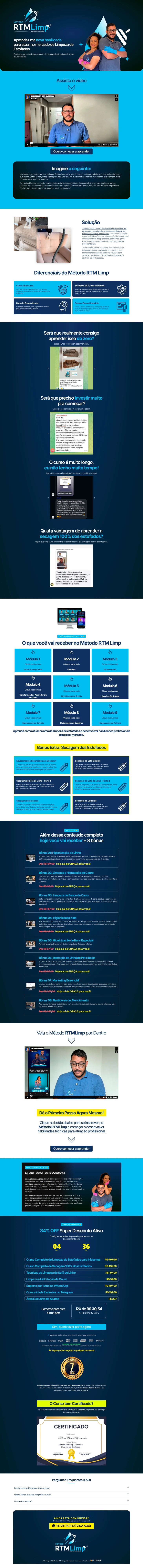 Interface de Landing Page responsiva do curso de limpeza de estofados Método RTM Limp.