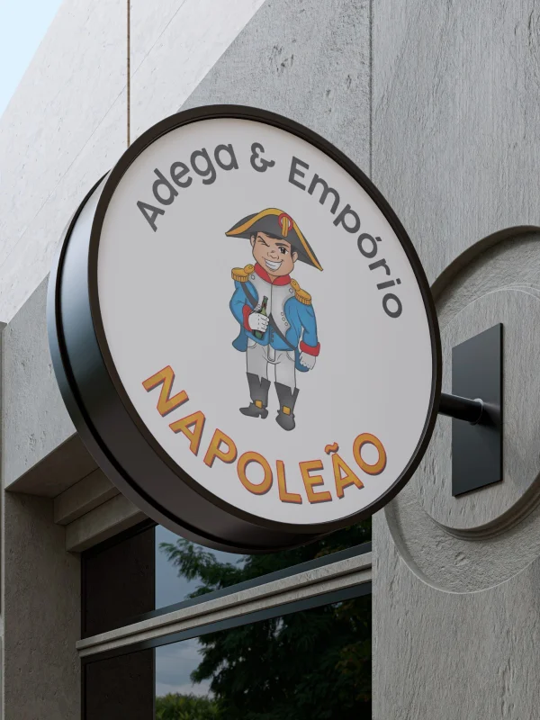 Placa circular de fachada exibindo a criação de mascote carismático do personagem Napoleão piscando o olho para Adega e Empório.