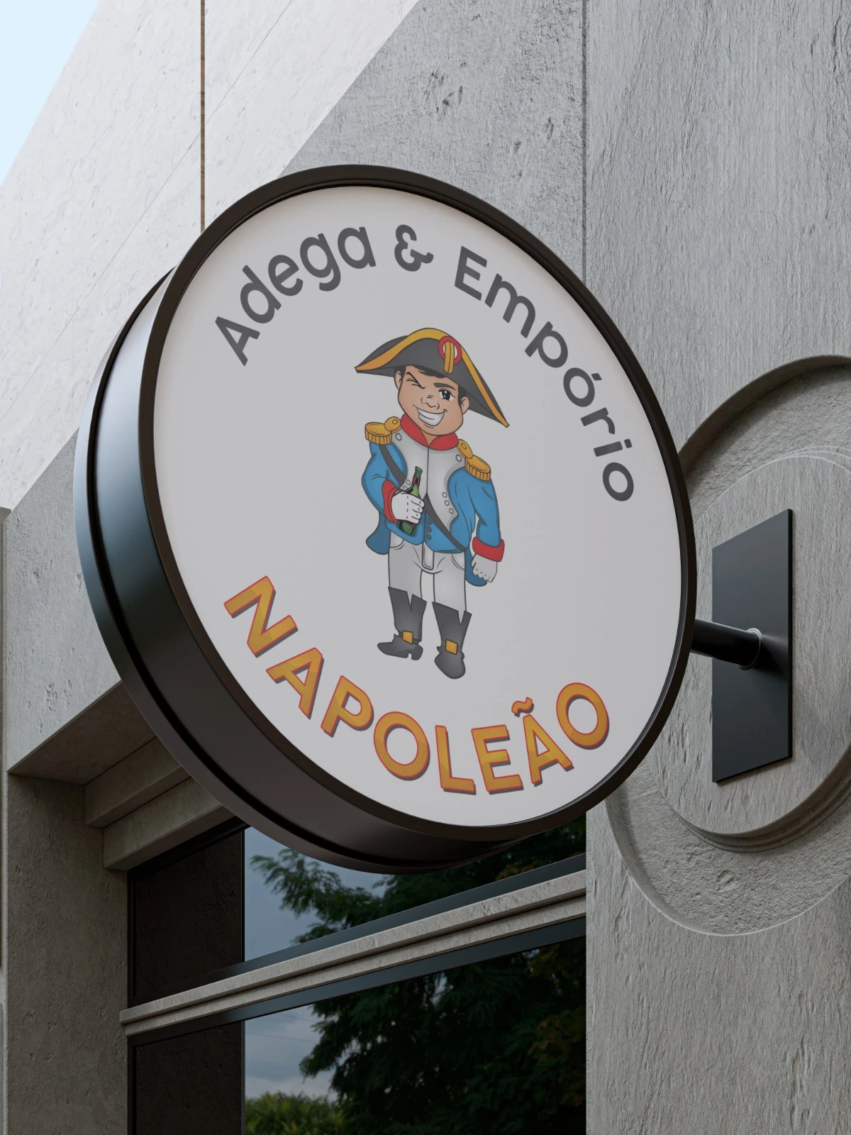 Placa circular de fachada exibindo a criação de mascote carismático do personagem Napoleão piscando o olho para Adega e Empório.
