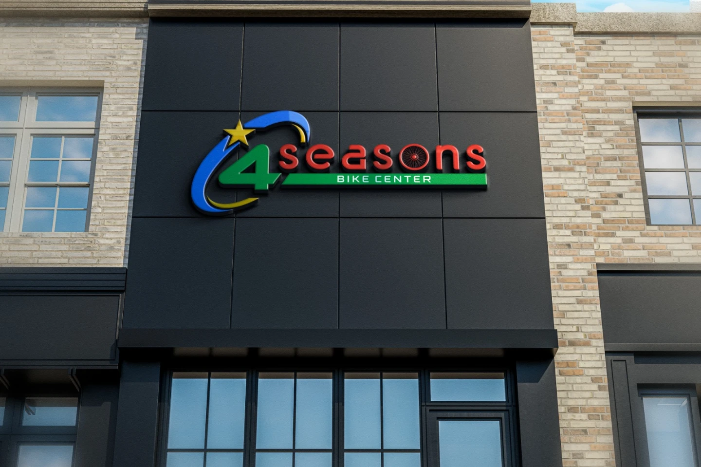 Logotipo moderno 4Seasons Bike Center aplicado em fachada escura externa, demonstrando criação de logo para loja de bicicleta.
