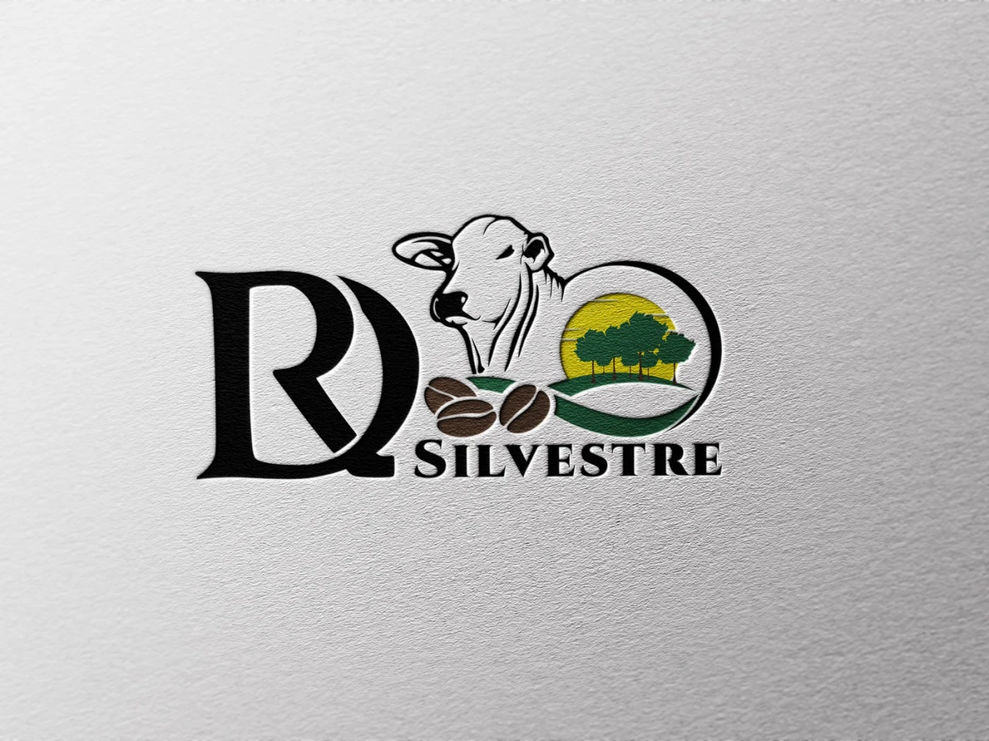 Logotipo da marca Silvestre unindo elementos de pecuária, café e iniciais RQ em estilo clássico.