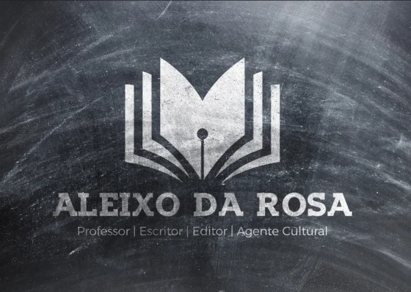 Logotipo em estilo giz sobre quadro-negro simulando livro aberto e pena de escrita para Aleixo da Rosa - criação de logo para educação.